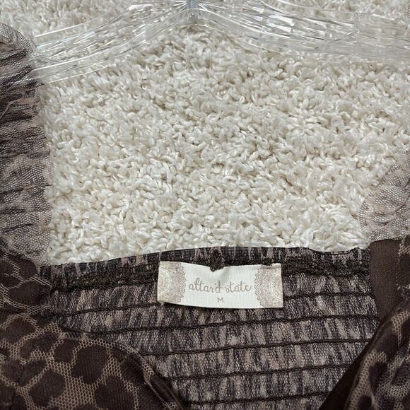 Altar'd State Medium Leopard Print Mesh Ruffle Puff Sleeve Smocked Crop Top - Picture 3 of 6